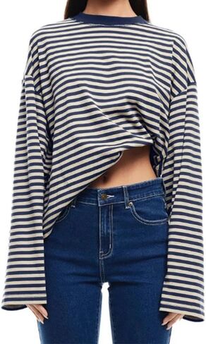 المرأة مخطط كم طويل قميص Crewneck اقتصاص البلوز الأعلى خريف شتاء خمر البلوز الشارع الشهير in Saudi Arabia
