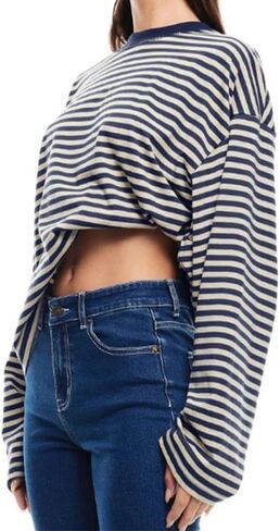 المرأة مخطط كم طويل قميص Crewneck اقتصاص البلوز الأعلى خريف شتاء خمر البلوز الشارع الشهير in Saudi Arabia