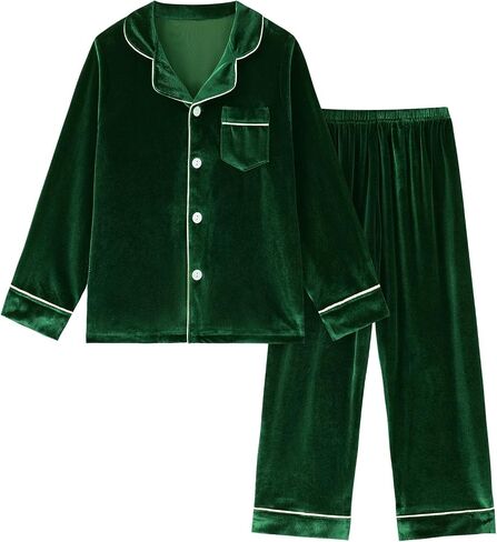 Weixinbuy Girls Velvet Pajamas Set Long Sleeve Solid Laple Pajama Button-Up Sleepwear 4-14Y Kids Fall Winter Clothes Outfits in Saudi Arabia