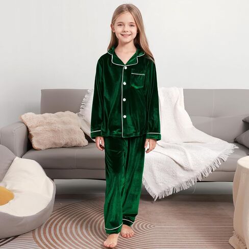 Weixinbuy Girls Velvet Pajamas Set Long Sleeve Solid Laple Pajama Button-Up Sleepwear 4-14Y Kids Fall Winter Clothes Outfits in Saudi Arabia