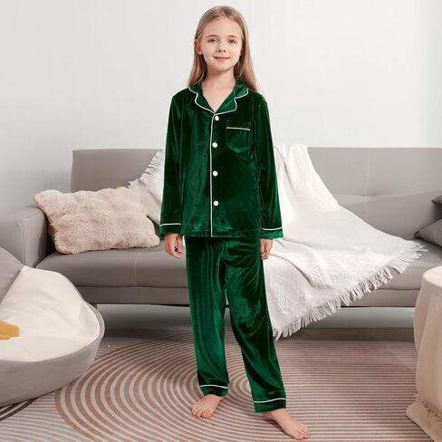 Weixinbuy Girls Velvet Pajamas Set Long Sleeve Solid Laple Pajama Button-Up Sleepwear 4-14Y Kids Fall Winter Clothes Outfits in Saudi Arabia
