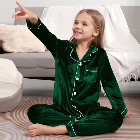 Weixinbuy Girls Velvet Pajamas Set Long Sleeve Solid Laple Pajama Button-Up Sleepwear 4-14Y Kids Fall Winter Clothes Outfits in Saudi Arabia