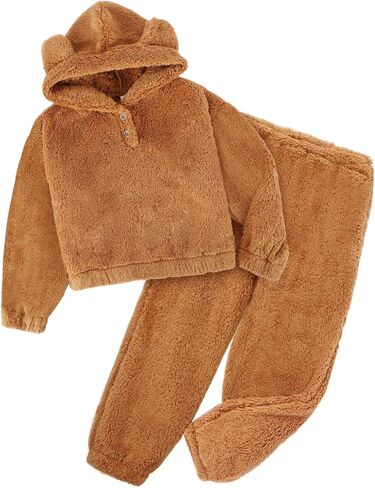 Girl's Fleece Pajama Sets Cute Plush 2-Piece Winter Warm Loungewear Pants Sets with Ears in Kuwait