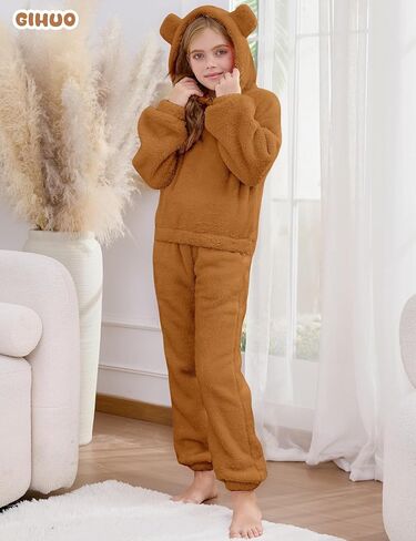 Girl's Fleece Pajama Sets Cute Plush 2-Piece Winter Warm Loungewear Pants Sets with Ears in Kuwait