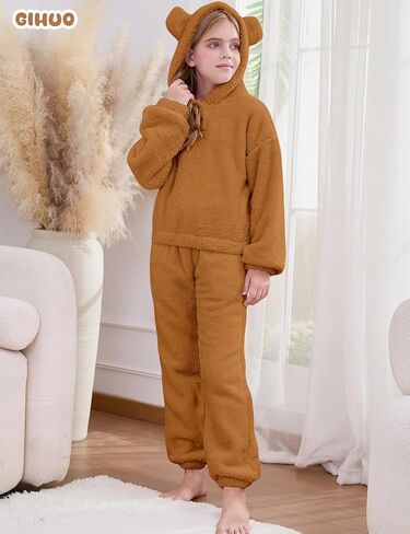 Girl's Fleece Pajama Sets Cute Plush 2-Piece Winter Warm Loungewear Pants Sets with Ears in Kuwait