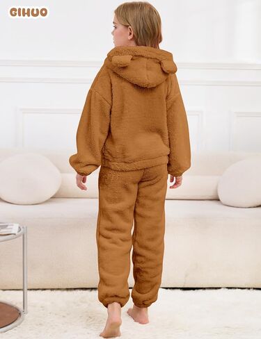Girl's Fleece Pajama Sets Cute Plush 2-Piece Winter Warm Loungewear Pants Sets with Ears in Kuwait