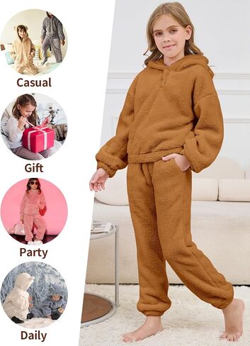 Girl's Fleece Pajama Sets Cute Plush 2-Piece Winter Warm Loungewear Pants Sets with Ears in Kuwait