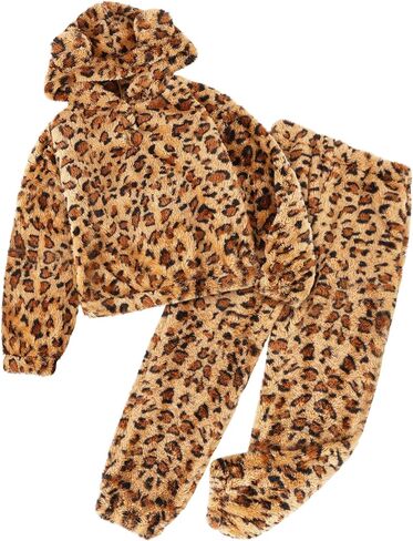 Girl's Fleece Pajama Sets Cute Plush 2-Piece Winter Warm Loungewear Pants Sets with Ears in Kuwait