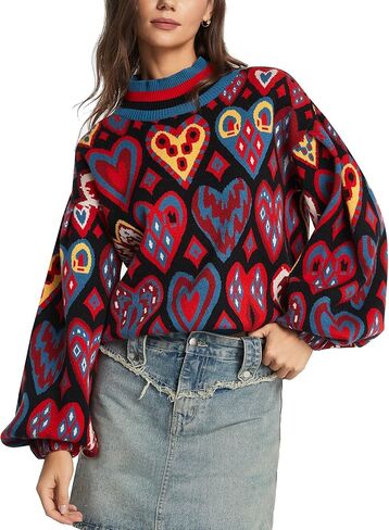 D-Sun Women Long Sleeve Printed Sweater Mock Neck Heart Printed Pullover Sweater Fashion Color Block Knit Ribbed Jumper Top in Saudi Arabia
