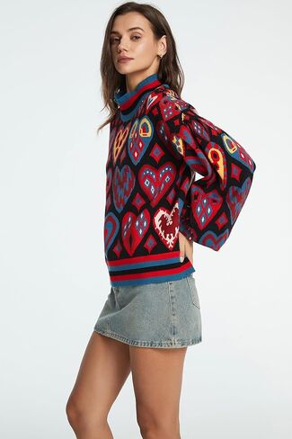 D-Sun Women Long Sleeve Printed Sweater Mock Neck Heart Printed Pullover Sweater Fashion Color Block Knit Ribbed Jumper Top in Saudi Arabia