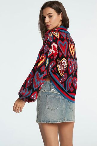 D-Sun Women Long Sleeve Printed Sweater Mock Neck Heart Printed Pullover Sweater Fashion Color Block Knit Ribbed Jumper Top in Saudi Arabia