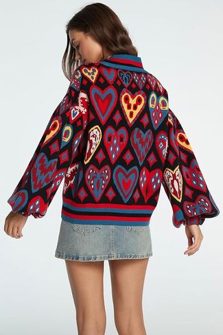 D-Sun Women Long Sleeve Printed Sweater Mock Neck Heart Printed Pullover Sweater Fashion Color Block Knit Ribbed Jumper Top in Saudi Arabia
