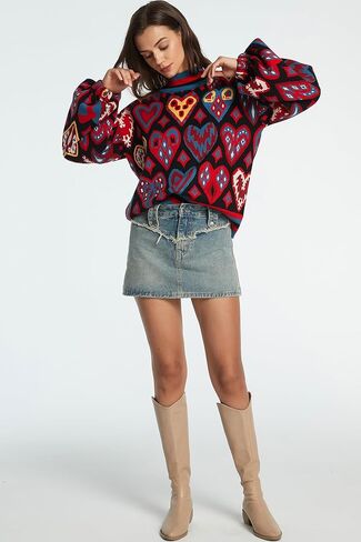 D-Sun Women Long Sleeve Printed Sweater Mock Neck Heart Printed Pullover Sweater Fashion Color Block Knit Ribbed Jumper Top in Saudi Arabia