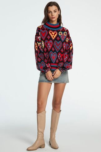 D-Sun Women Long Sleeve Printed Sweater Mock Neck Heart Printed Pullover Sweater Fashion Color Block Knit Ribbed Jumper Top in Saudi Arabia
