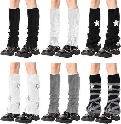 6 Pairs Star Patterned Leg Warmers, Knit Knee-High Socks, Soft Stretchy Acrylic Fiber, Perfect for Chunky Shoes and Daily Outfits, Black, White, Gray, and Striped Styles in Saudi Arabia
