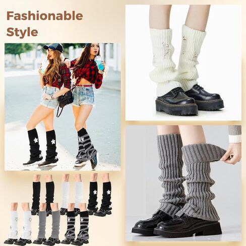 6 Pairs Star Patterned Leg Warmers, Knit Knee-High Socks, Soft Stretchy Acrylic Fiber, Perfect for Chunky Shoes and Daily Outfits, Black, White, Gray, and Striped Styles in Saudi Arabia