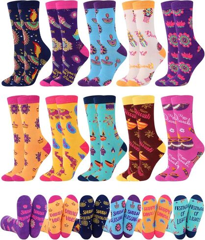 Tenceur 10 Pairs Diwali Socks for Adults Colorful Cotton Crew Socks with Traditional Indian Patterns Diwali Gift Set for Indian Holiday Return Gifts for Pooja in Saudi Arabia