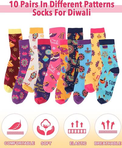 Tenceur 10 Pairs Diwali Socks for Adults Colorful Cotton Crew Socks with Traditional Indian Patterns Diwali Gift Set for Indian Holiday Return Gifts for Pooja in Saudi Arabia