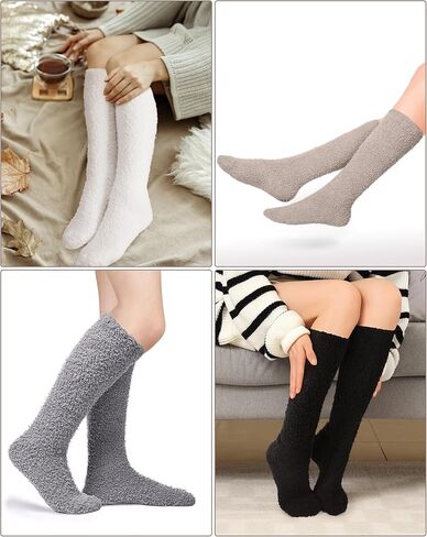 Geyoga 4 Pairs Long Fuzzy Socks for Women Soft Warm Fluffy Knee High Socks Plush Winter Cozy Long Stockings in Kuwait
