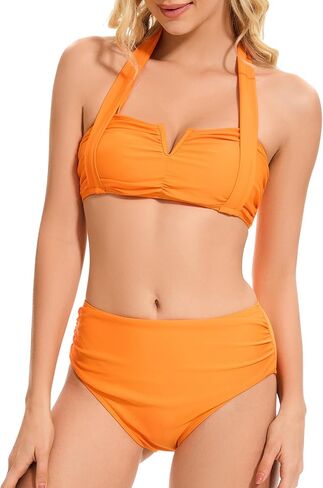 High Waisted Bikini Set for Women Ruched Tummy Control Bathing Suits Two Piece V Neck Retro Halter Swimsuits in Kuwait