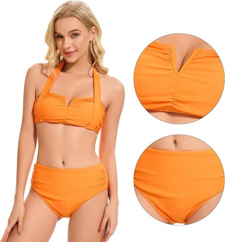 High Waisted Bikini Set for Women Ruched Tummy Control Bathing Suits Two Piece V Neck Retro Halter Swimsuits in Kuwait