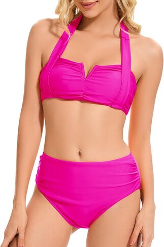 High Waisted Bikini Set for Women Ruched Tummy Control Bathing Suits Two Piece V Neck Retro Halter Swimsuits in Kuwait