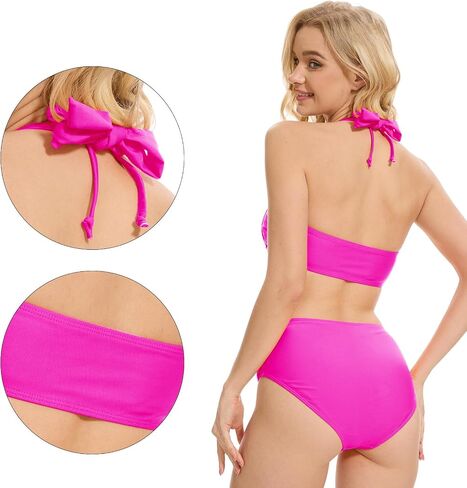 High Waisted Bikini Set for Women Ruched Tummy Control Bathing Suits Two Piece V Neck Retro Halter Swimsuits in Kuwait