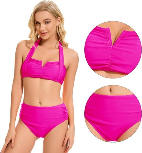 High Waisted Bikini Set for Women Ruched Tummy Control Bathing Suits Two Piece V Neck Retro Halter Swimsuits in Kuwait