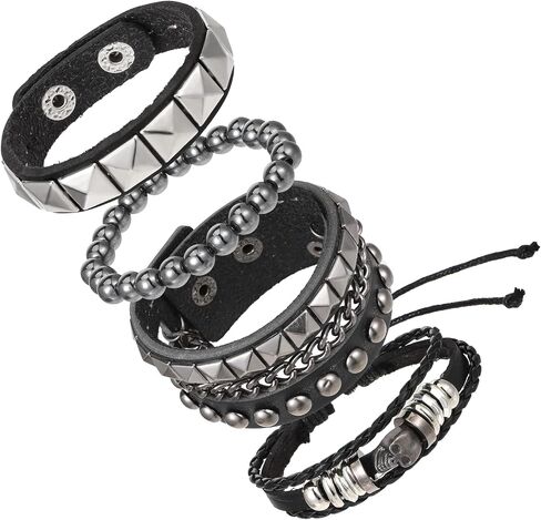 4 Pcs Punk Rock Bracelet Studded Emo Retro Bracelet Set Spiked Leather Cuff Rivet Wrap Cuffs Adjustable 80s Wristband Accessories for Men Women Halloween Party in Saudi Arabia