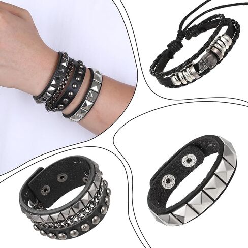 4 Pcs Punk Rock Bracelet Studded Emo Retro Bracelet Set Spiked Leather Cuff Rivet Wrap Cuffs Adjustable 80s Wristband Accessories for Men Women Halloween Party in Saudi Arabia