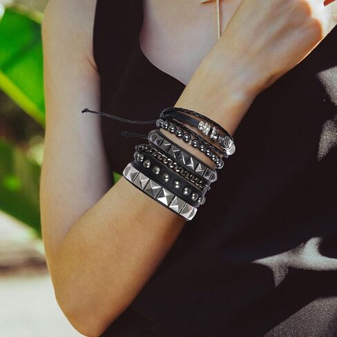 4 Pcs Punk Rock Bracelet Studded Emo Retro Bracelet Set Spiked Leather Cuff Rivet Wrap Cuffs Adjustable 80s Wristband Accessories for Men Women Halloween Party in Saudi Arabia