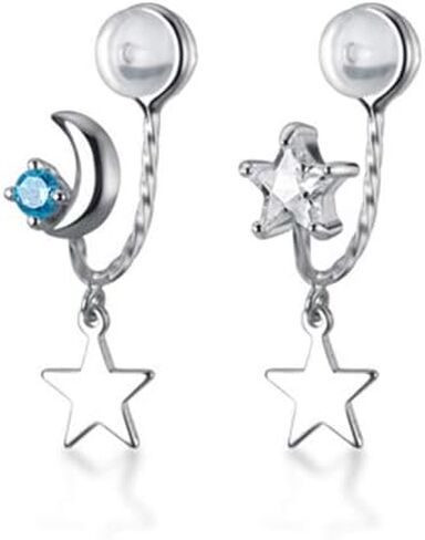 Blue CZ Moon Star Asymmetric Clip On Dangle Drop Cuff Earrings for Women Teen Girls Cartilage No Piercing Ear S925 Sterling Silver Cute Fake Hoop Hypoallergenic Gifts Daughter in Saudi Arabia