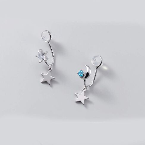 Blue CZ Moon Star Asymmetric Clip On Dangle Drop Cuff Earrings for Women Teen Girls Cartilage No Piercing Ear S925 Sterling Silver Cute Fake Hoop Hypoallergenic Gifts Daughter in Saudi Arabia