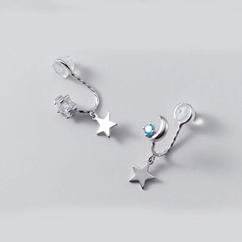 Blue CZ Moon Star Asymmetric Clip On Dangle Drop Cuff Earrings for Women Teen Girls Cartilage No Piercing Ear S925 Sterling Silver Cute Fake Hoop Hypoallergenic Gifts Daughter in Saudi Arabia