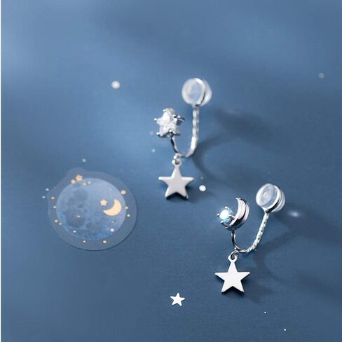 Blue CZ Moon Star Asymmetric Clip On Dangle Drop Cuff Earrings for Women Teen Girls Cartilage No Piercing Ear S925 Sterling Silver Cute Fake Hoop Hypoallergenic Gifts Daughter in Saudi Arabia