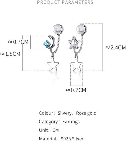 Blue CZ Moon Star Asymmetric Clip On Dangle Drop Cuff Earrings for Women Teen Girls Cartilage No Piercing Ear S925 Sterling Silver Cute Fake Hoop Hypoallergenic Gifts Daughter in Saudi Arabia
