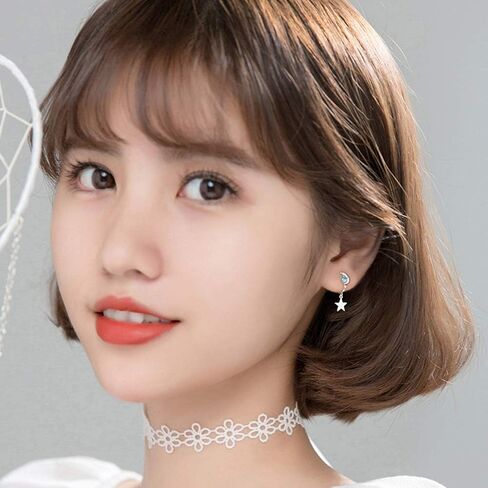 Blue CZ Moon Star Asymmetric Clip On Dangle Drop Cuff Earrings for Women Teen Girls Cartilage No Piercing Ear S925 Sterling Silver Cute Fake Hoop Hypoallergenic Gifts Daughter in Saudi Arabia
