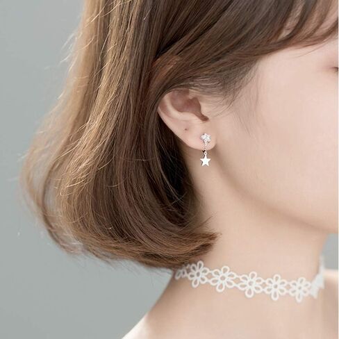 Blue CZ Moon Star Asymmetric Clip On Dangle Drop Cuff Earrings for Women Teen Girls Cartilage No Piercing Ear S925 Sterling Silver Cute Fake Hoop Hypoallergenic Gifts Daughter in Saudi Arabia