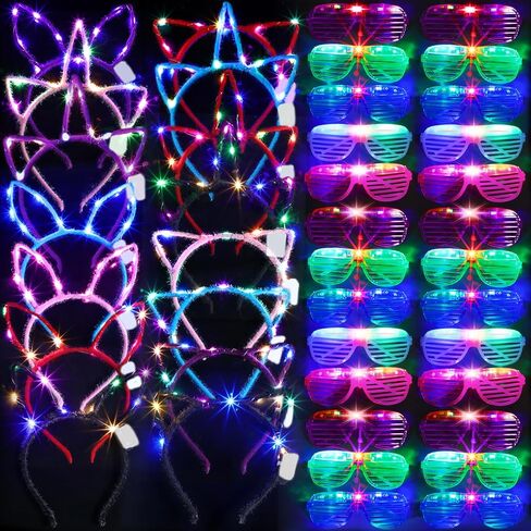 15 Pcs LED Light up Glasses 15 pcs LED Cat Ear Headband Cute Cat Rabbit Unicorn Ears Headband 5 Colors Glowing Sunglasses 2022 Glow in The Dark Party Supplies Neon Party Favors Wedding in Saudi Arabia