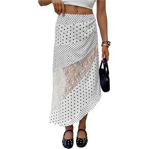 MakeMeChic Women's Fall Midi Skirts Boho Floral Lace Polka Dots Asymmetrical Ruffle Skirt Multicolor X-Small in Kuwait