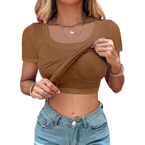 CHICME Women Built-in Bra T Shirt Top Short Sleeve Square Neck Basic Tees Casual Ribbed Knit Fitted Going Out Tops in Kuwait