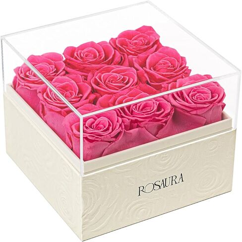 Rosaura Square Preserved Roses Gift Box - Real Forever Flowers in Clear Acrylic Lid, Valentine's for Women (Pink, 9 Roses) in Kuwait