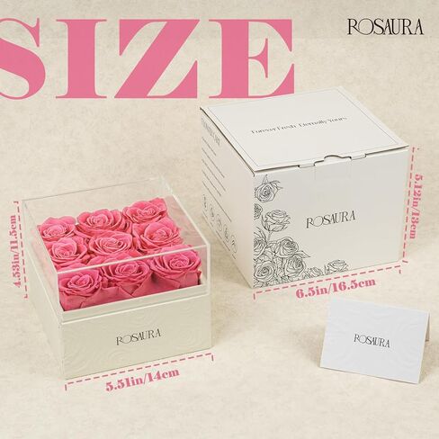 Rosaura Square Preserved Roses Gift Box - Real Forever Flowers in Clear Acrylic Lid, Valentine's for Women (Pink, 9 Roses) in Kuwait