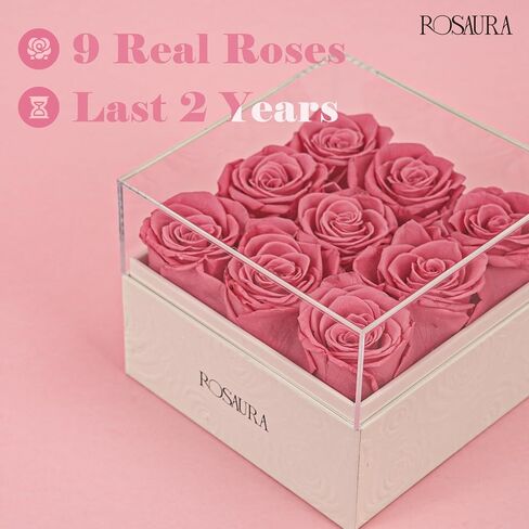 Rosaura Square Preserved Roses Gift Box - Real Forever Flowers in Clear Acrylic Lid, Valentine's for Women (Pink, 9 Roses) in Kuwait