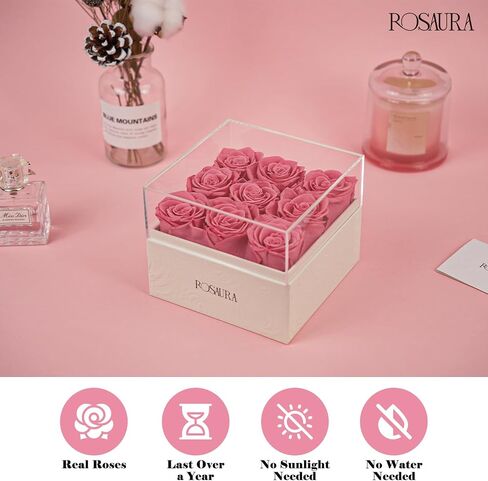 Rosaura Square Preserved Roses Gift Box - Real Forever Flowers in Clear Acrylic Lid, Valentine's for Women (Pink, 9 Roses) in Kuwait