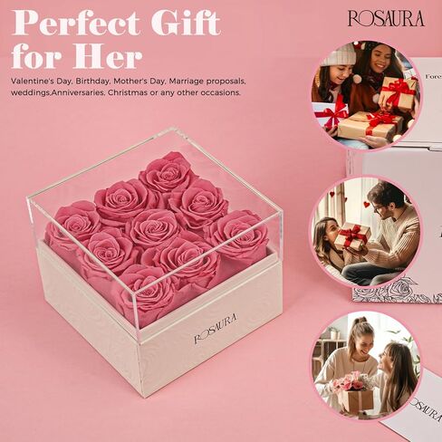 Rosaura Square Preserved Roses Gift Box - Real Forever Flowers in Clear Acrylic Lid, Valentine's for Women (Pink, 9 Roses) in Kuwait