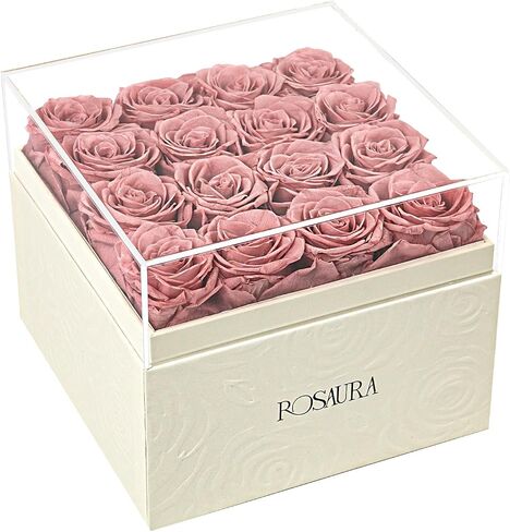 Rosaura Square Preserved Roses Gift Box - Real Forever Flowers in Clear Acrylic Lid, Valentine's for Women (Pink, 9 Roses) in Kuwait