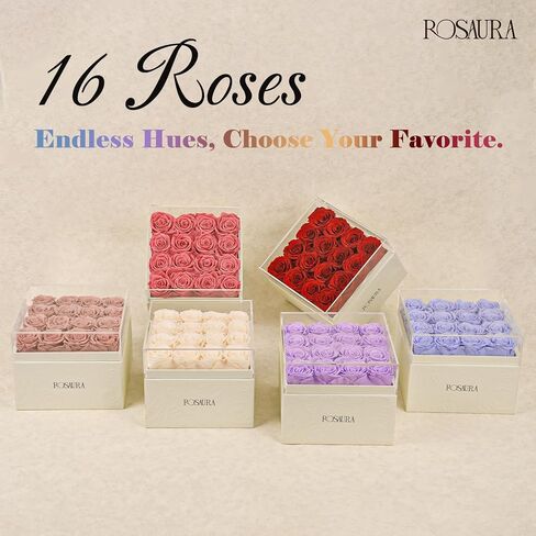Rosaura Square Preserved Roses Gift Box - Real Forever Flowers in Clear Acrylic Lid, Valentine's for Women (Pink, 9 Roses) in Kuwait
