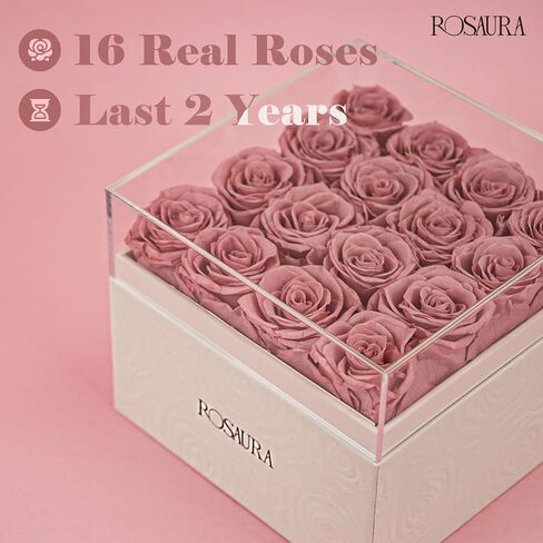 Rosaura Square Preserved Roses Gift Box - Real Forever Flowers in Clear Acrylic Lid, Valentine's for Women (Pink, 9 Roses) in Kuwait