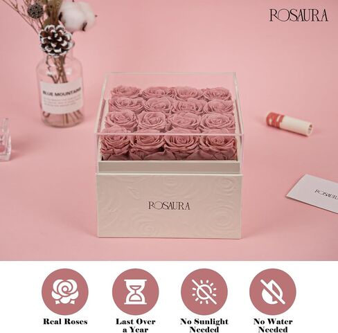 Rosaura Square Preserved Roses Gift Box - Real Forever Flowers in Clear Acrylic Lid, Valentine's for Women (Pink, 9 Roses) in Kuwait